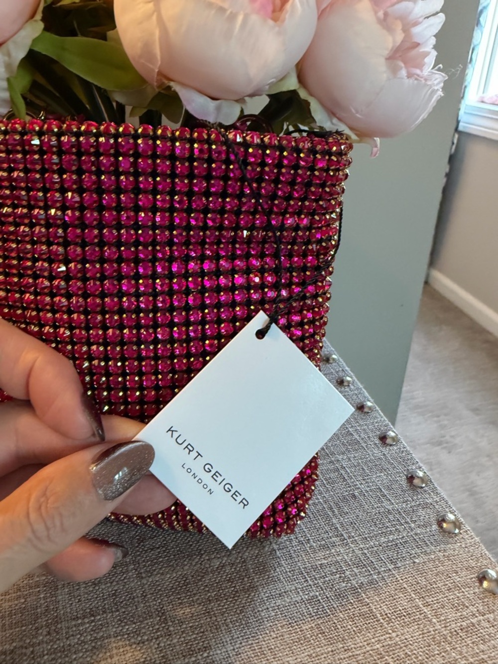 NWT Kurt Geiger Showstopper Pink Crystal Embellished Mini Tote Gold Double Chain - Picture 5 of 10